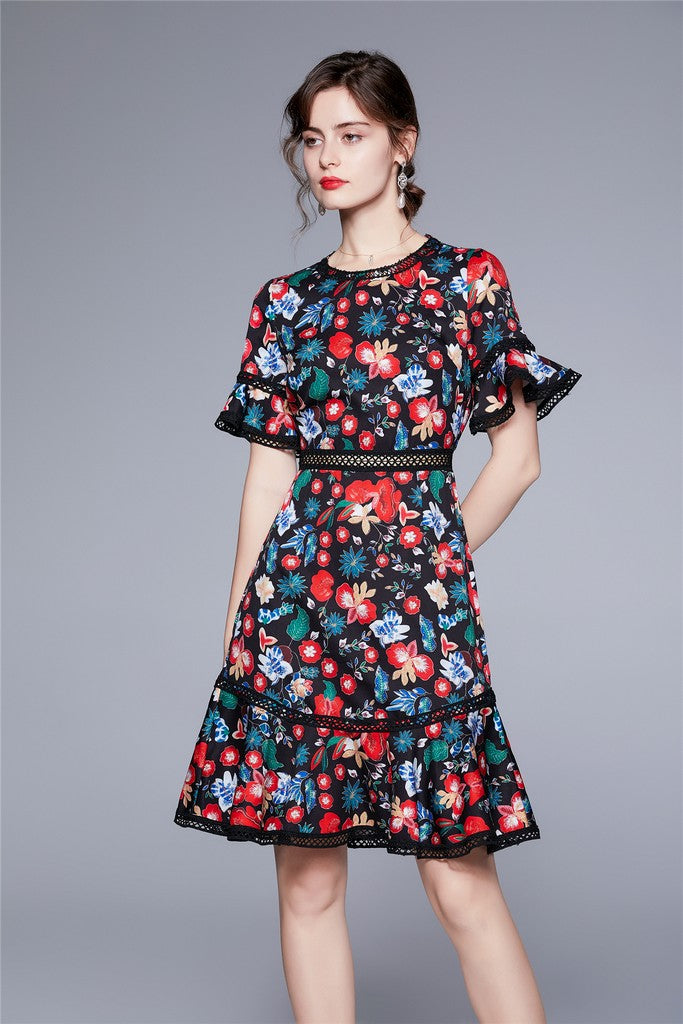 Black & Red & Blue floral print Dress - Dresses
