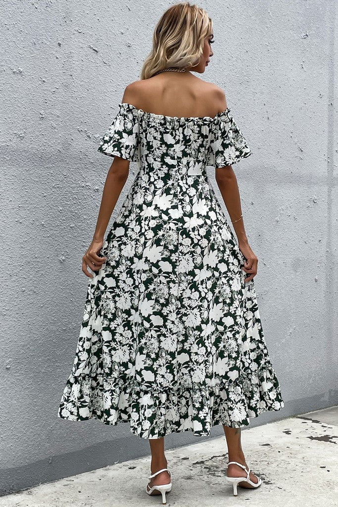 Green & White Floral Print Day Dress - Dresses