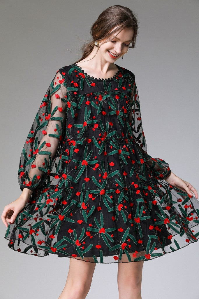 Black & Green & Red print Сocktail & Party Dress - Dresses