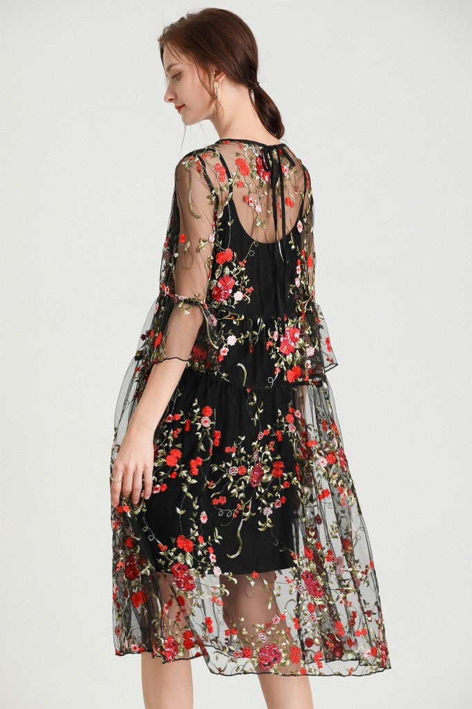 Black & Multicolor floral print Evening Dress - Dresses
