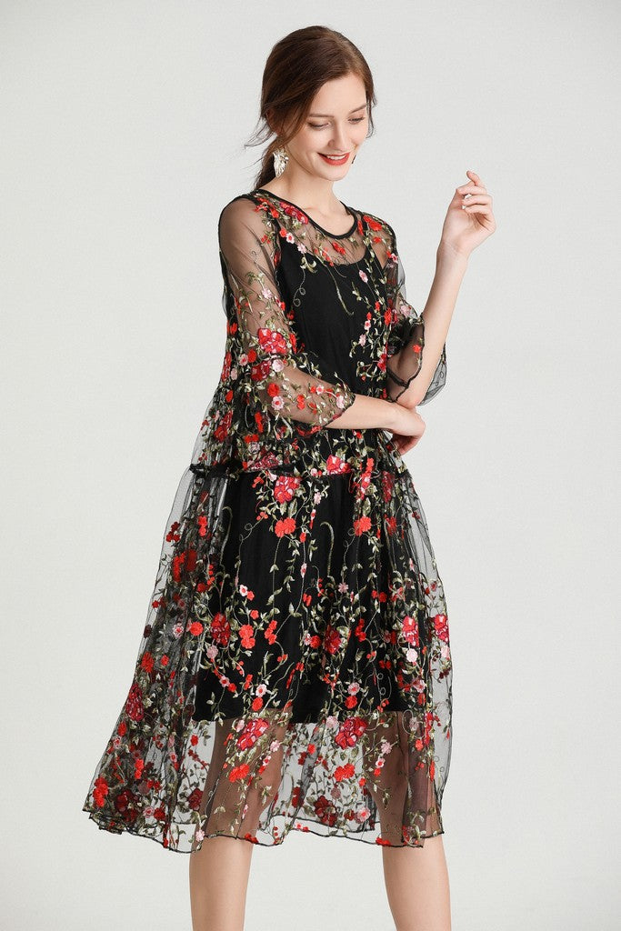 Black & Multicolor floral print Evening Dress - Dresses