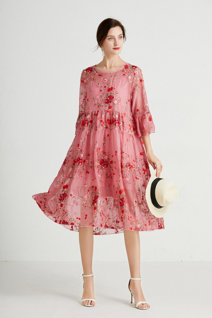 Pink & Multicolor floral print Evening Set (Dress & Dress) - Suits