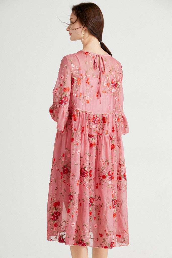 Pink & Multicolor floral print Evening Set (Dress & Dress) - Suits