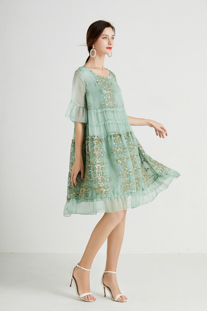 Green & Multicolor floral print Day Dress - Dresses