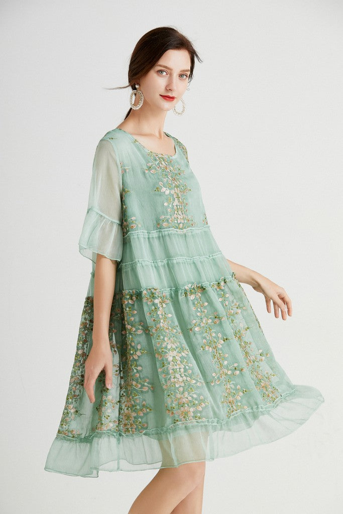 Green & Multicolor floral print Day Dress - Dresses