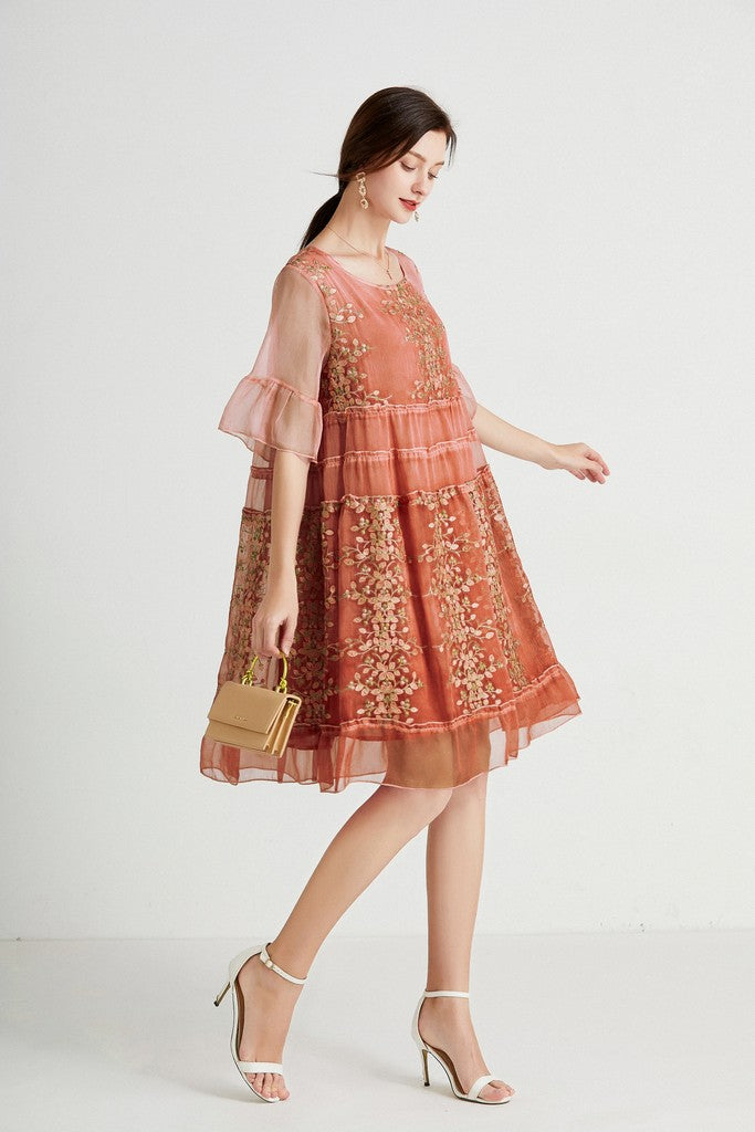 Rusty red & Multicolor floral print Day Dress - Dresses