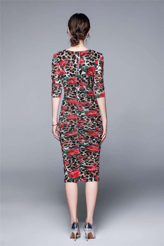 Leopard print & Red flowers Dress - Dresses