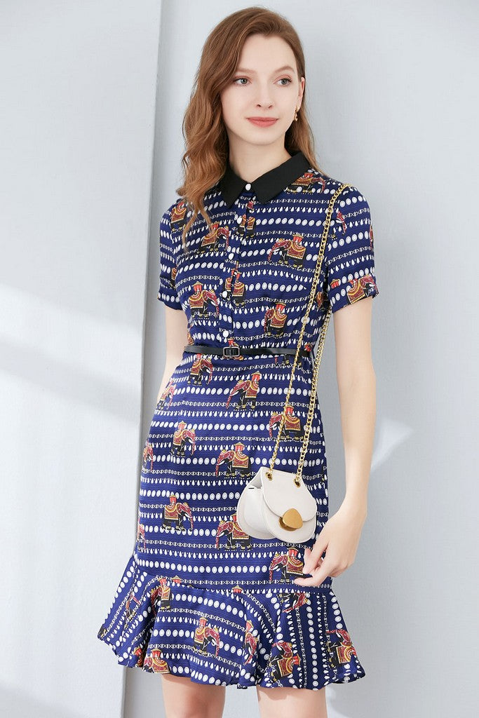Red & Multicolor Print Day Bodycon Shirt Colar Short Sleeve Above Knee Ruffled Dress - Dresses