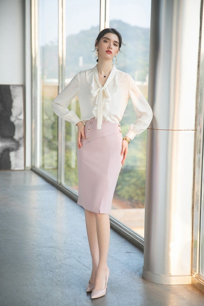 White & Pink Office Set (Blouse & Skirt) - Suits