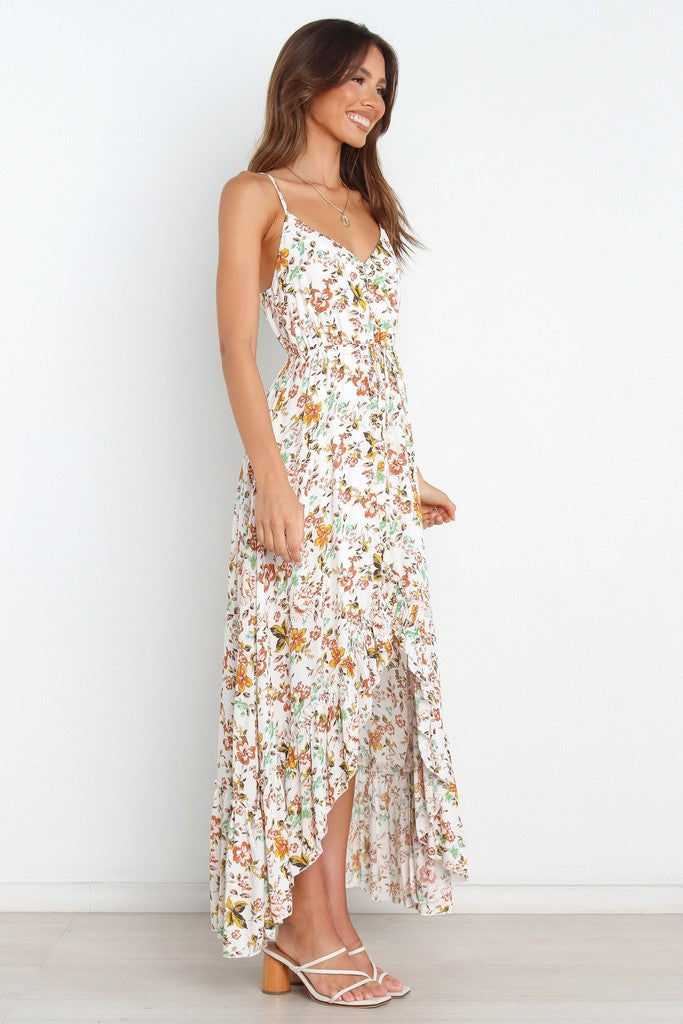 White & Multicolor Floral Print Dress - Dresses