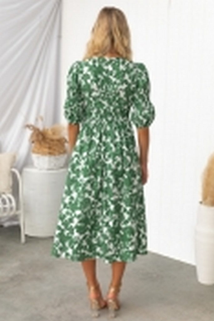 Green & White print Dress - Dresses