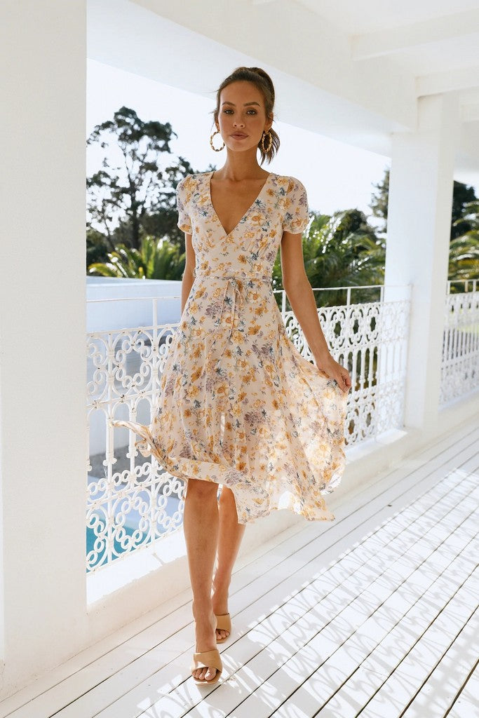 Beige & Floral print Dress - Dresses