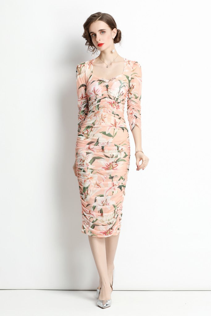 Apricot & Floral print Dress - Dresses