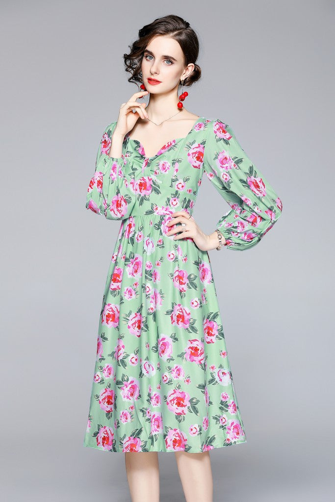 Green & Floral print Dress - Dresses