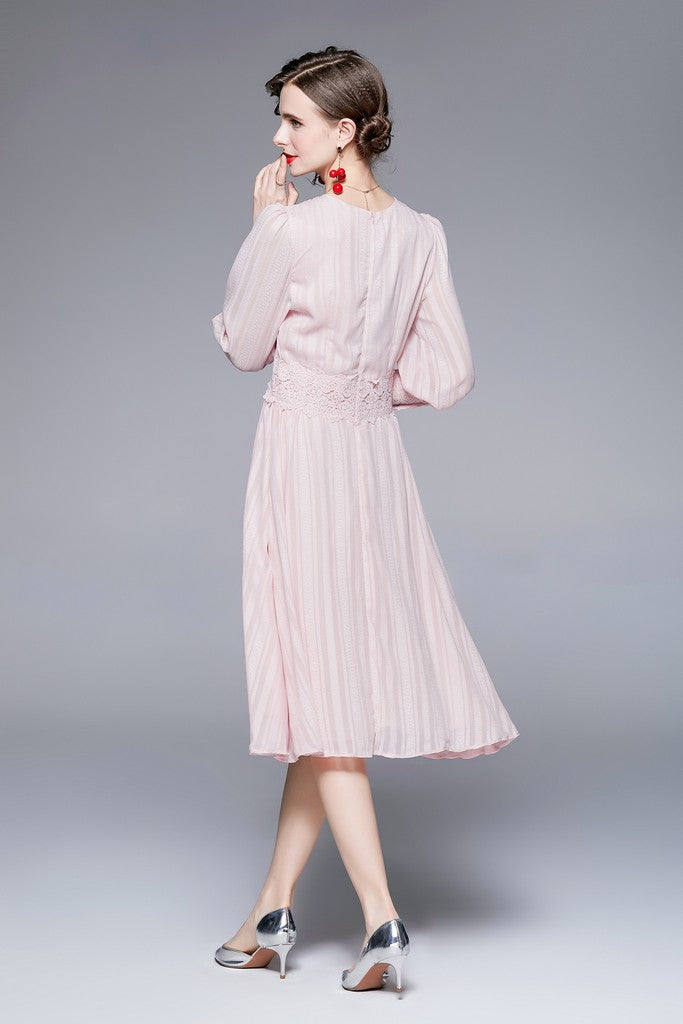Pink Evening A-line Squareneck Long Sleeve Knee Buttoned Dress - Dresses