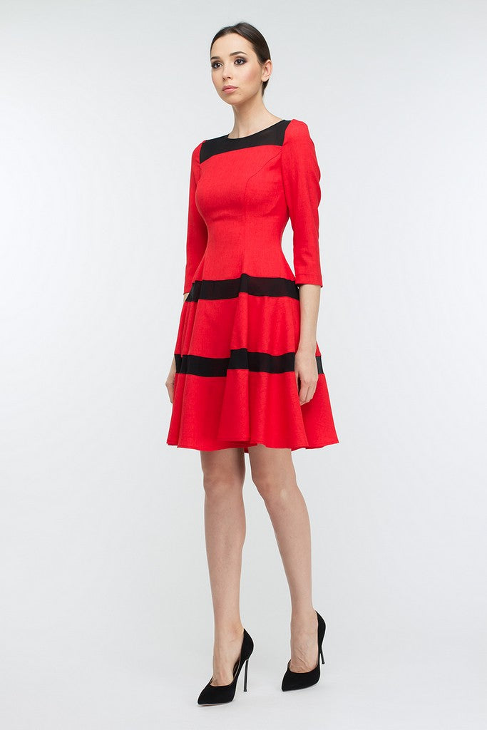 Red Striped Evening A-Line Boatneck Bracelet Sleeve Knee Dress - Dresses