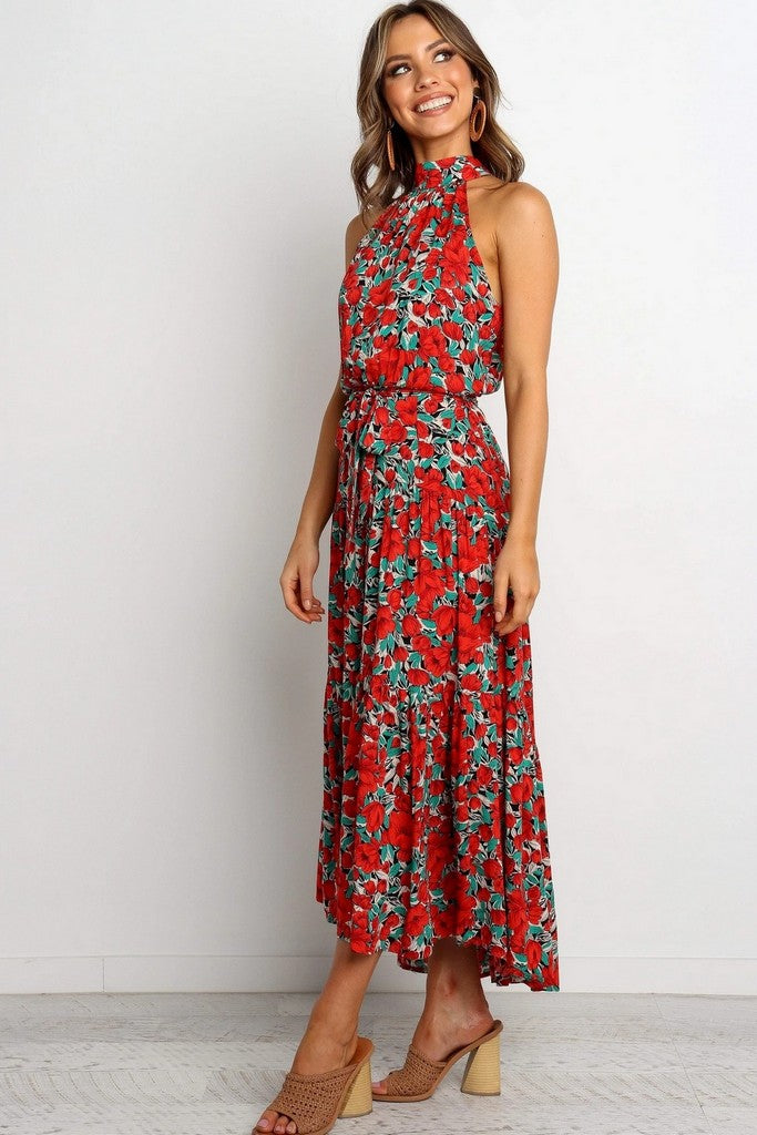 Red flower & Multicolor print Dress - Dresses