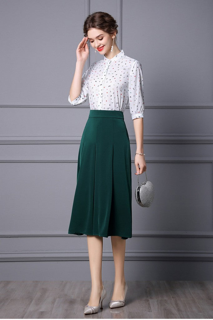 White & Green Day Set (Blouse & Skirt) - Suits