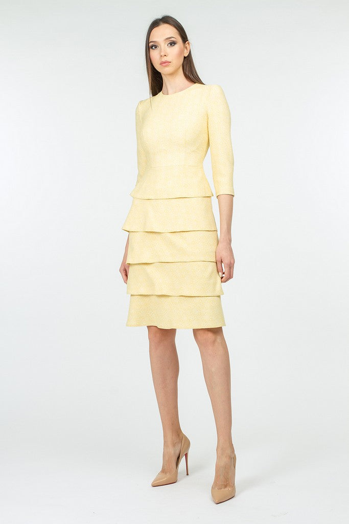 Yellow Office Bodycon Crewneck Elbow Sleeve Knee Ruffled Dress - Dresses