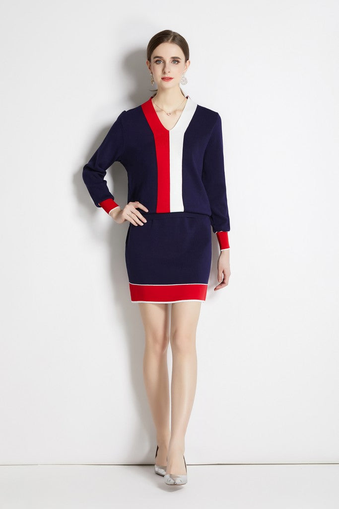 Navy & Red Day Set ( Blouse & Skirt ) - Suits