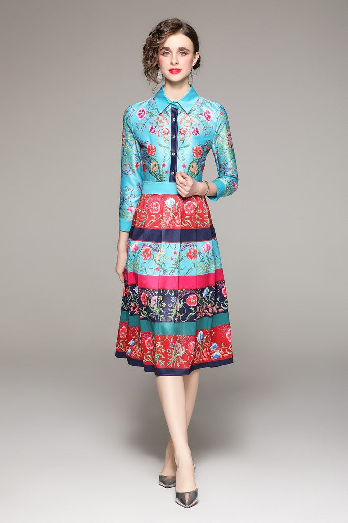 Turquoise & Multicolor Print Day Dress - Dresses